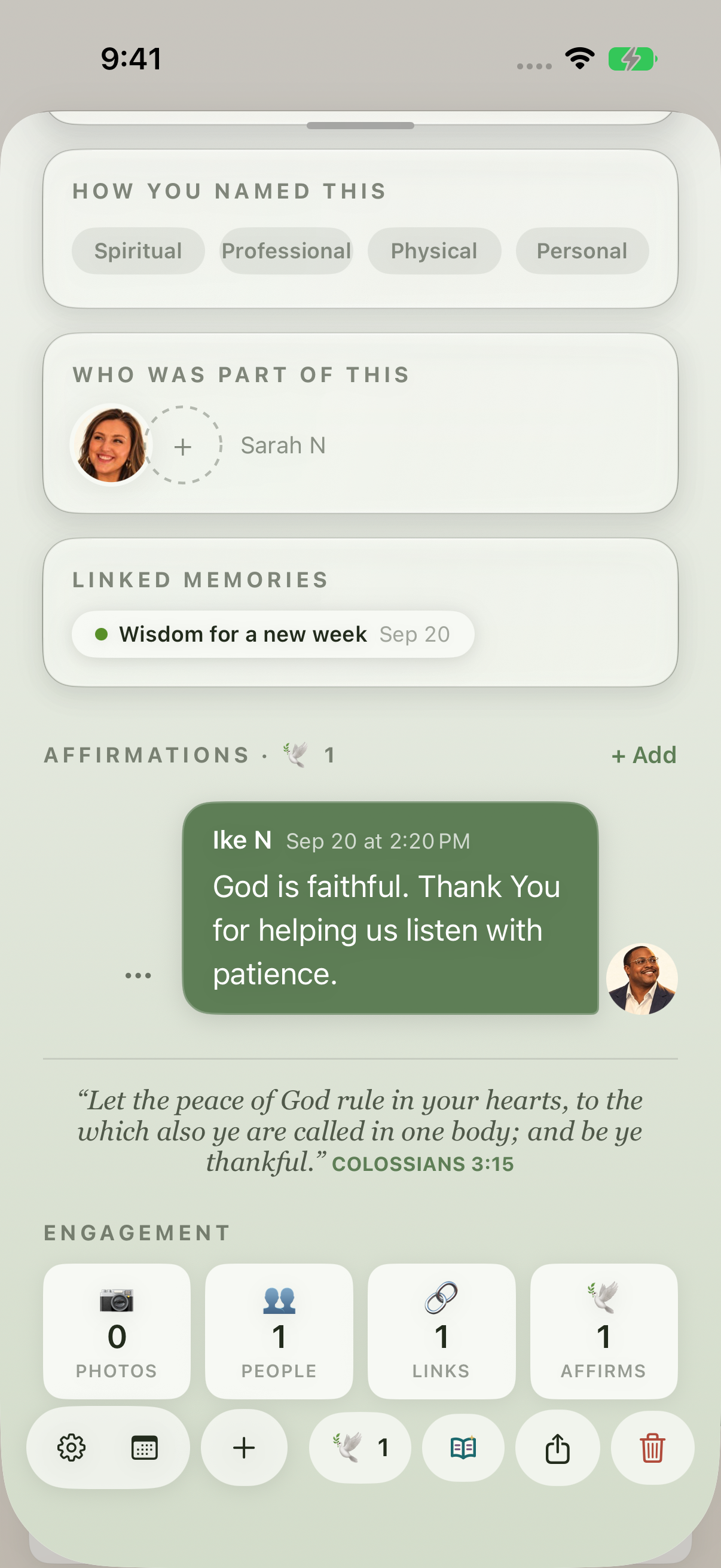 A saved affirmation by Ike N appears beneath the memory’s Affirmations heading.