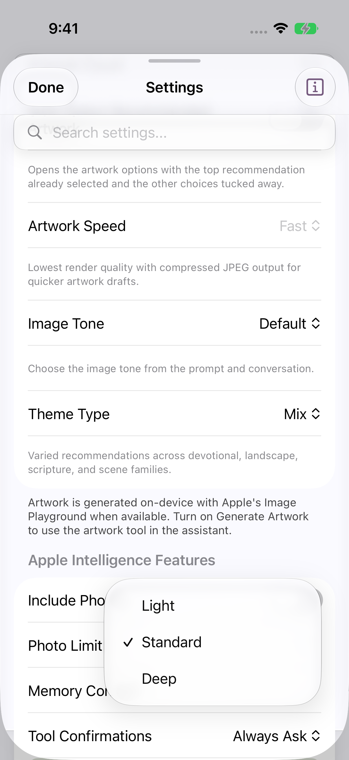 Memory Context choices Light, Standard and Deep.