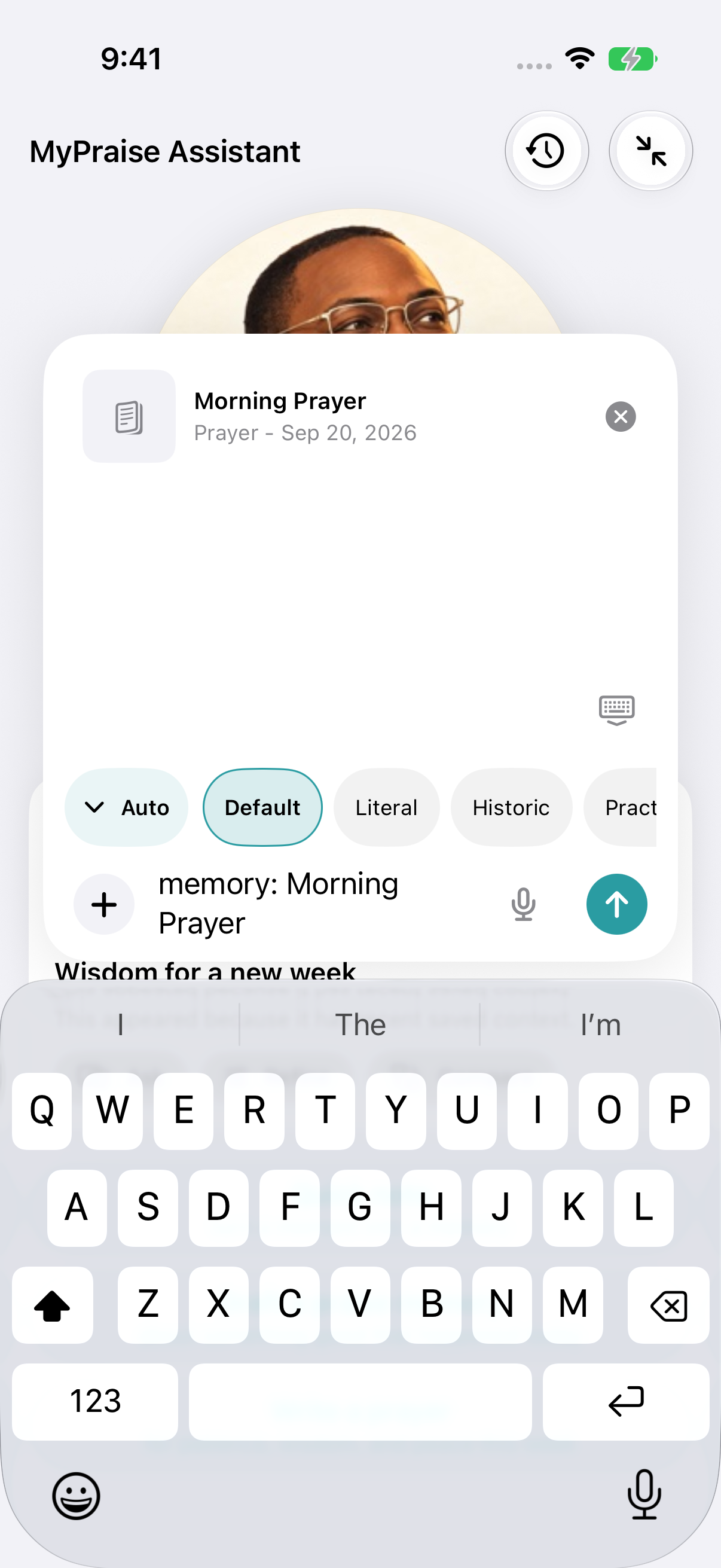 Fictional Morning Prayer attached as explicit Assistant context.