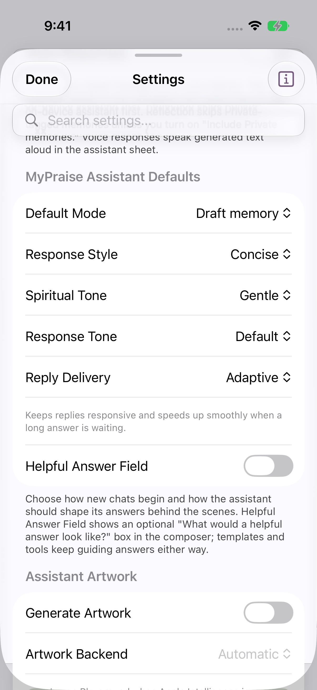 Response Style set to Concise in MyPraise App Assistant Defaults.