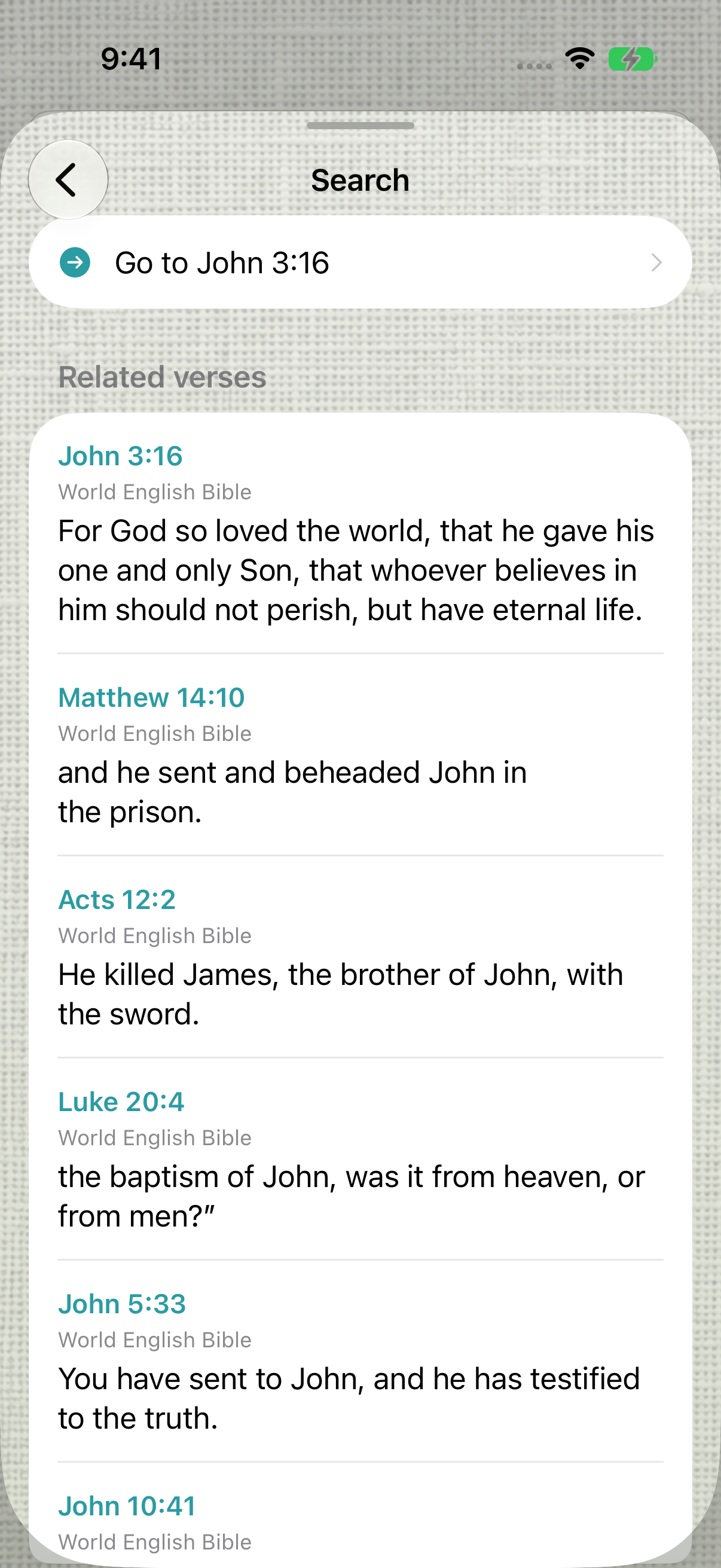 Bible reference search results with Go to John 3:16 above related verses