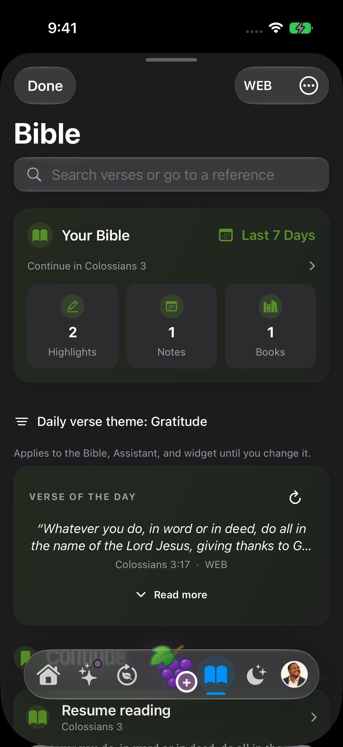 The same Bible hub in dark appearance with Colossians 3:17 and matching sample reading history.
