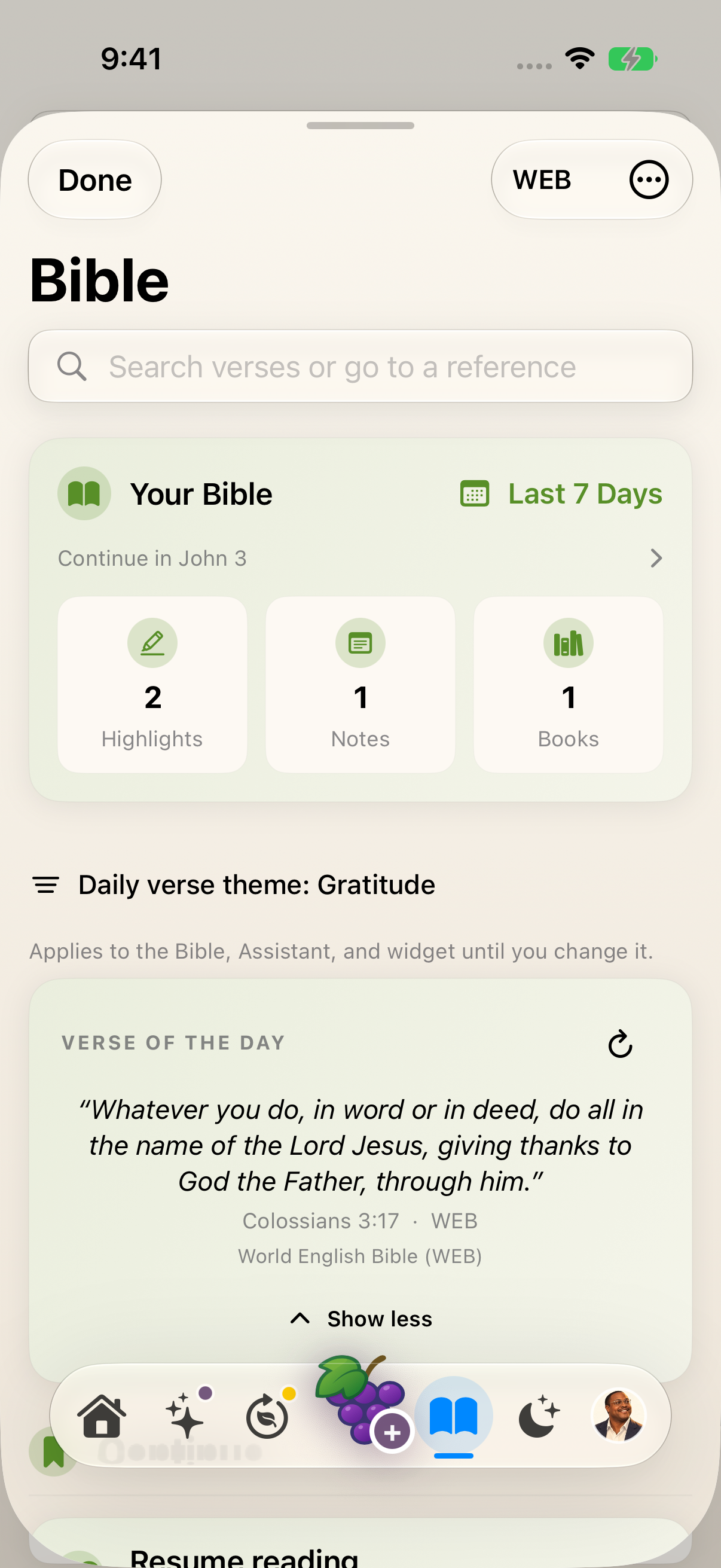 Bible in light mode with Gratitude selected and Colossians 3:17 expanded to show its WEB attribution.