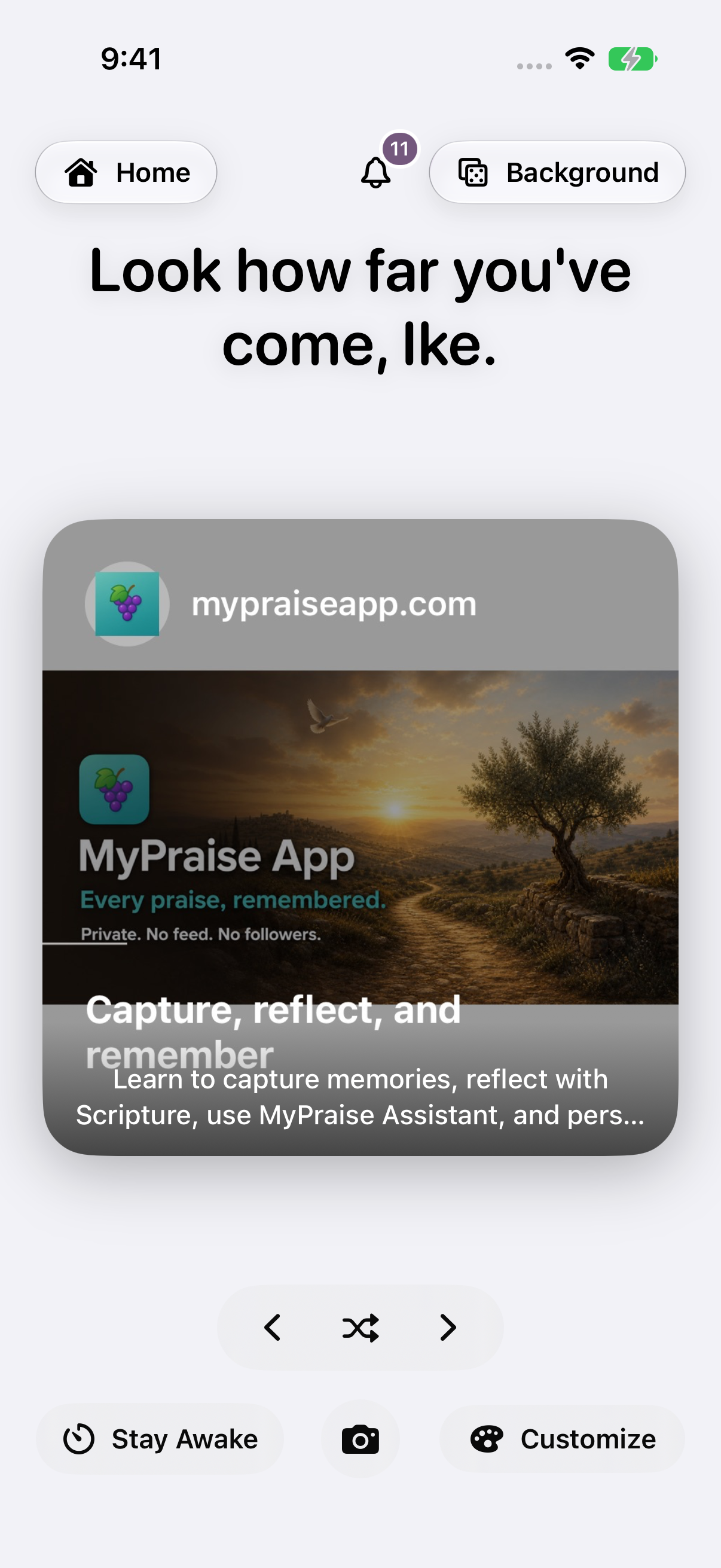 Dream Mode in light appearance showing a saved MyPraise App website link, Home, browsing arrows, and Customize.