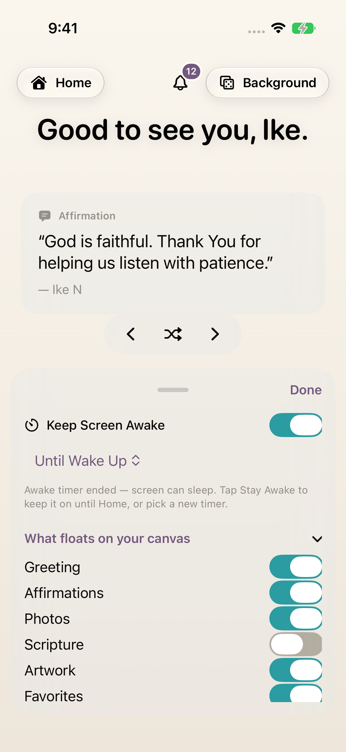 Dream Mode displays an affirmation and Customize options for Greeting, Affirmations, Photos, Scripture, Artwork and Favorites.