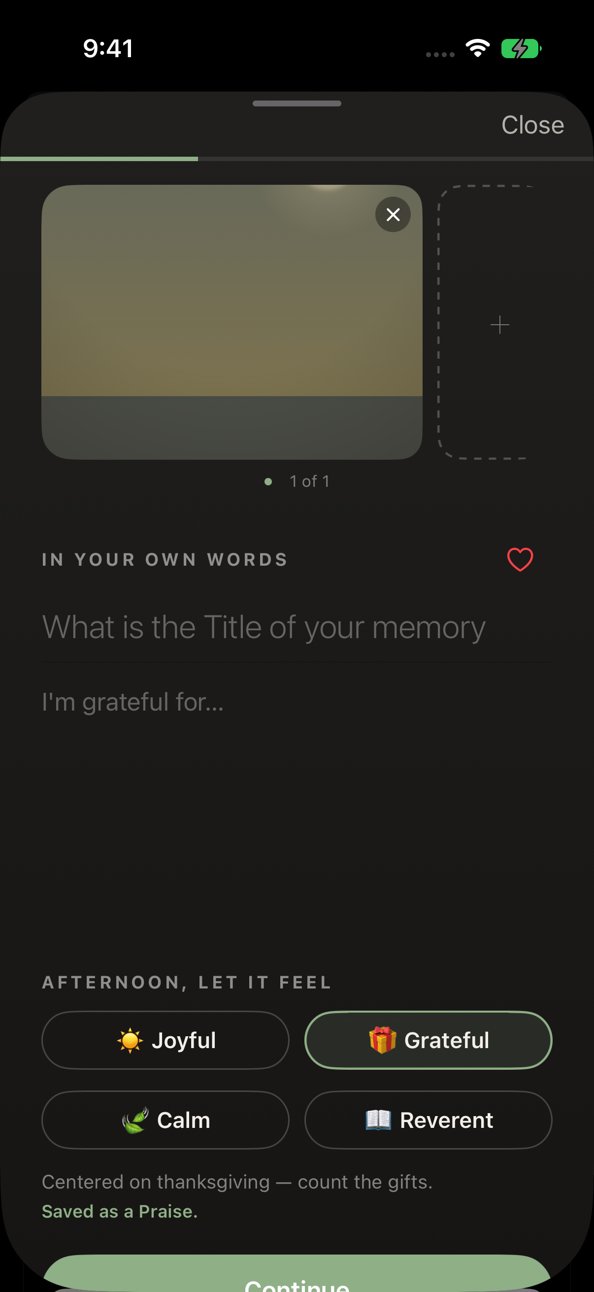 The same empty praise entry form in dark appearance with the same afternoon tone choices.
