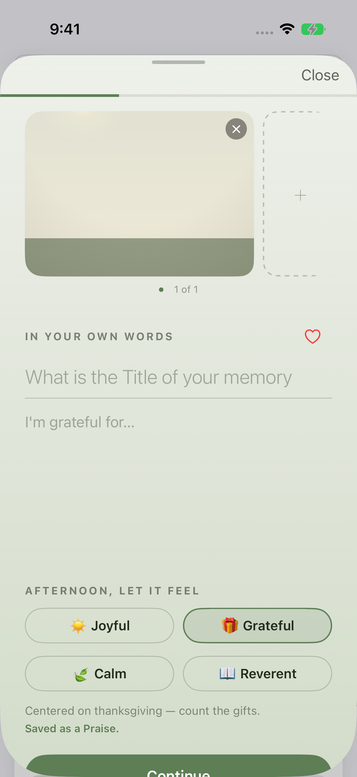New praise entry form in light appearance with title, gratitude text, and afternoon tone choices.