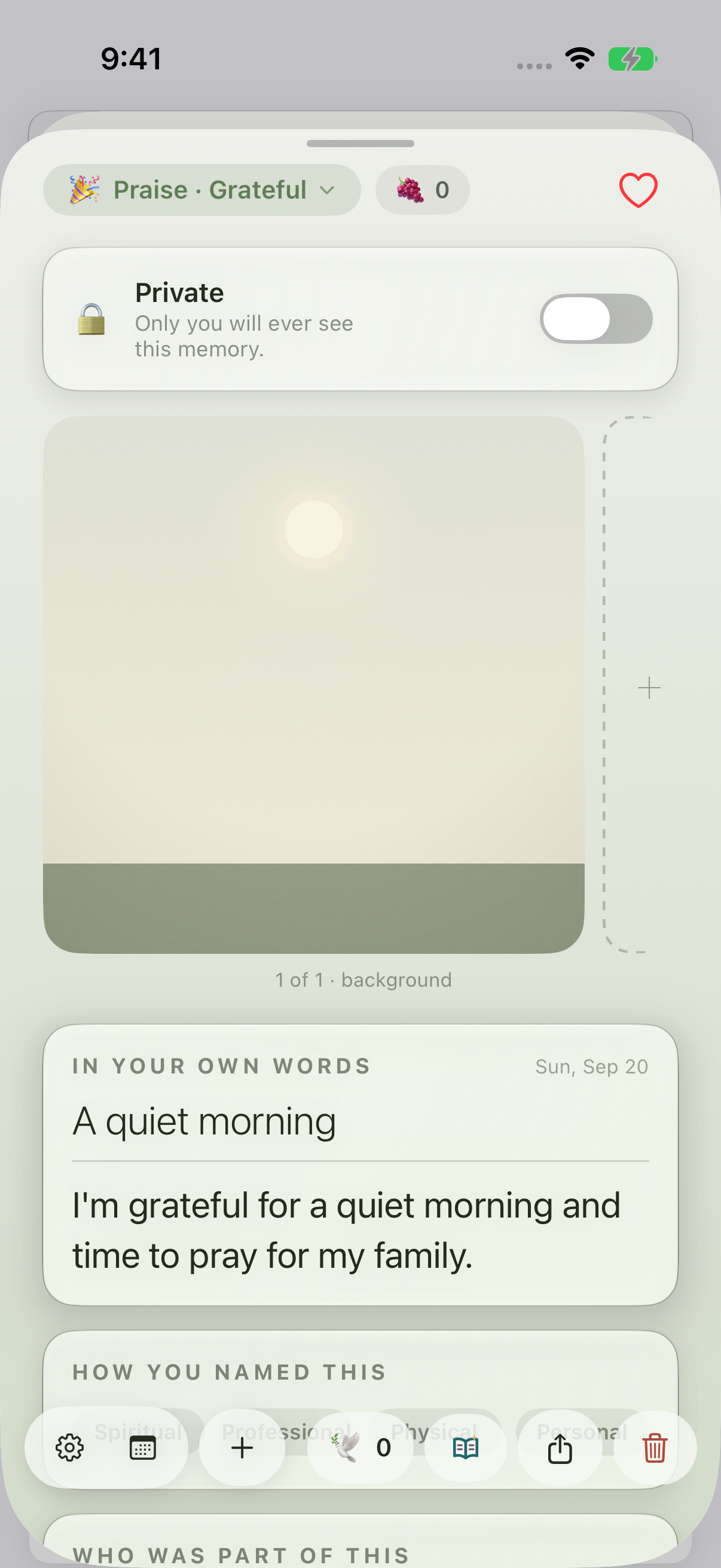 Saved praise titled A quiet morning with its complete gratitude text and a daytime background.