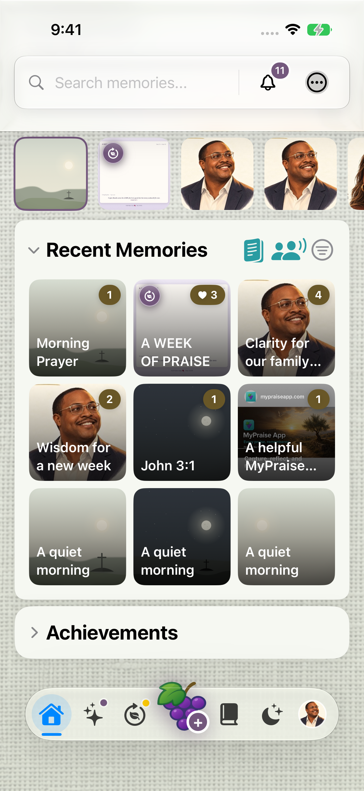 MyPraise App Home scrolled to its expanded Recent Memories grid, with sample memory cards and the floating navigation bar.
