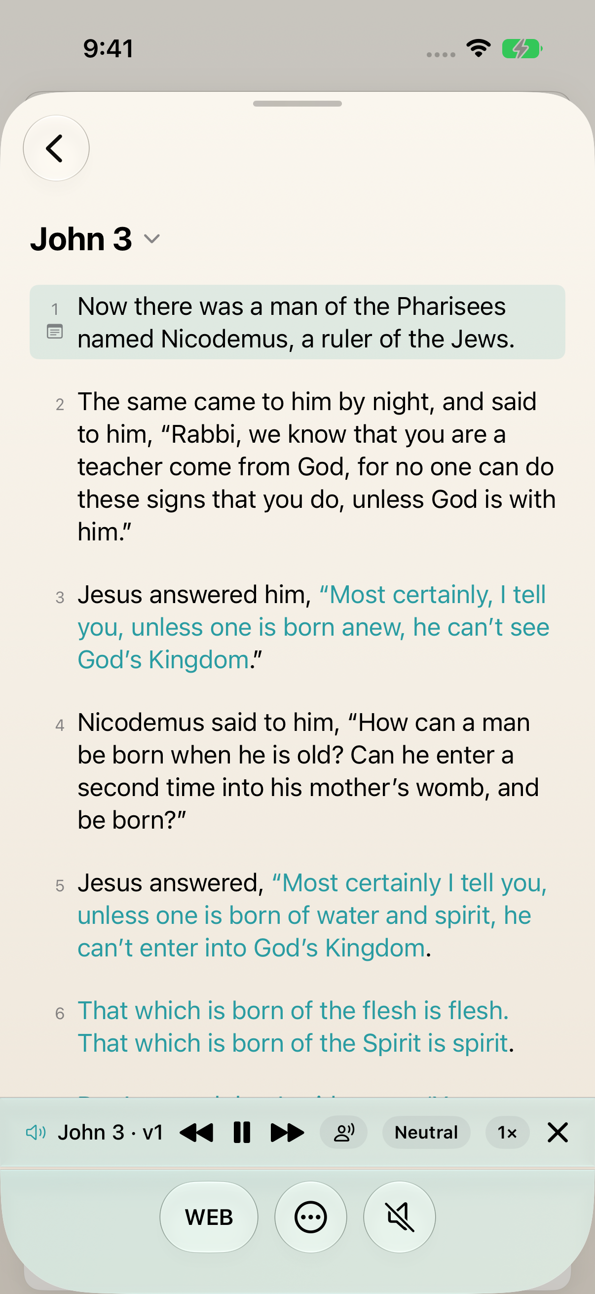 John 3 reader with the first verse highlighted and playback controls visible