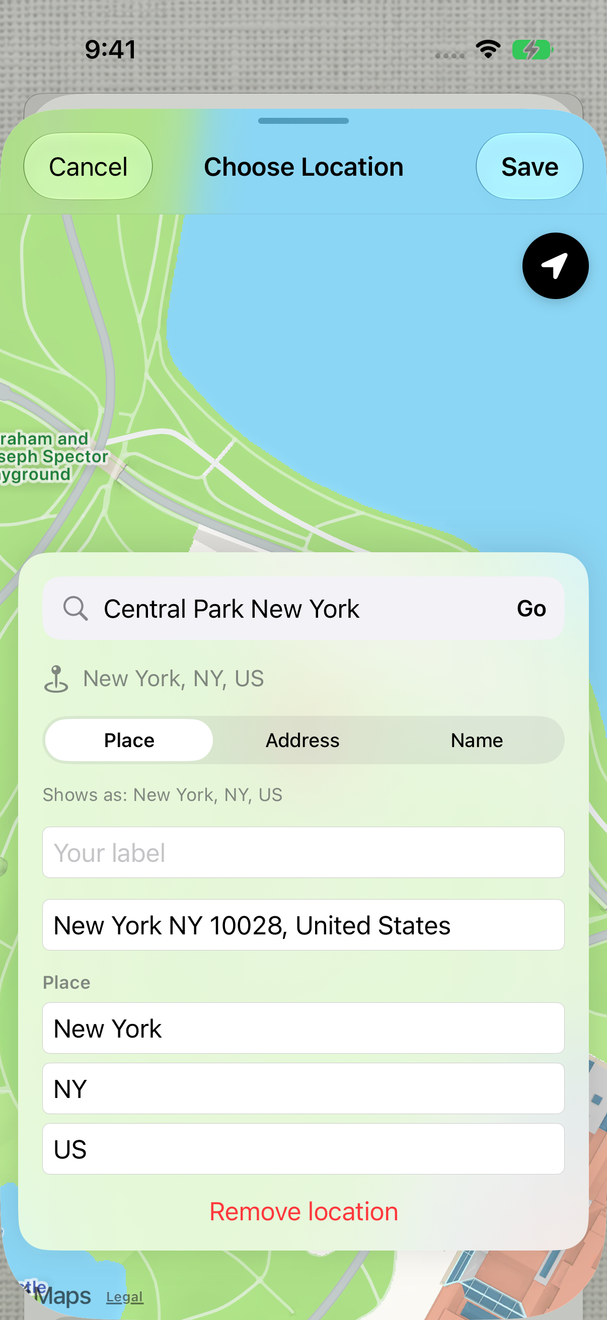 Choose Location after searching Central Park New York, showing New York place details and the Place, Address and Name options.