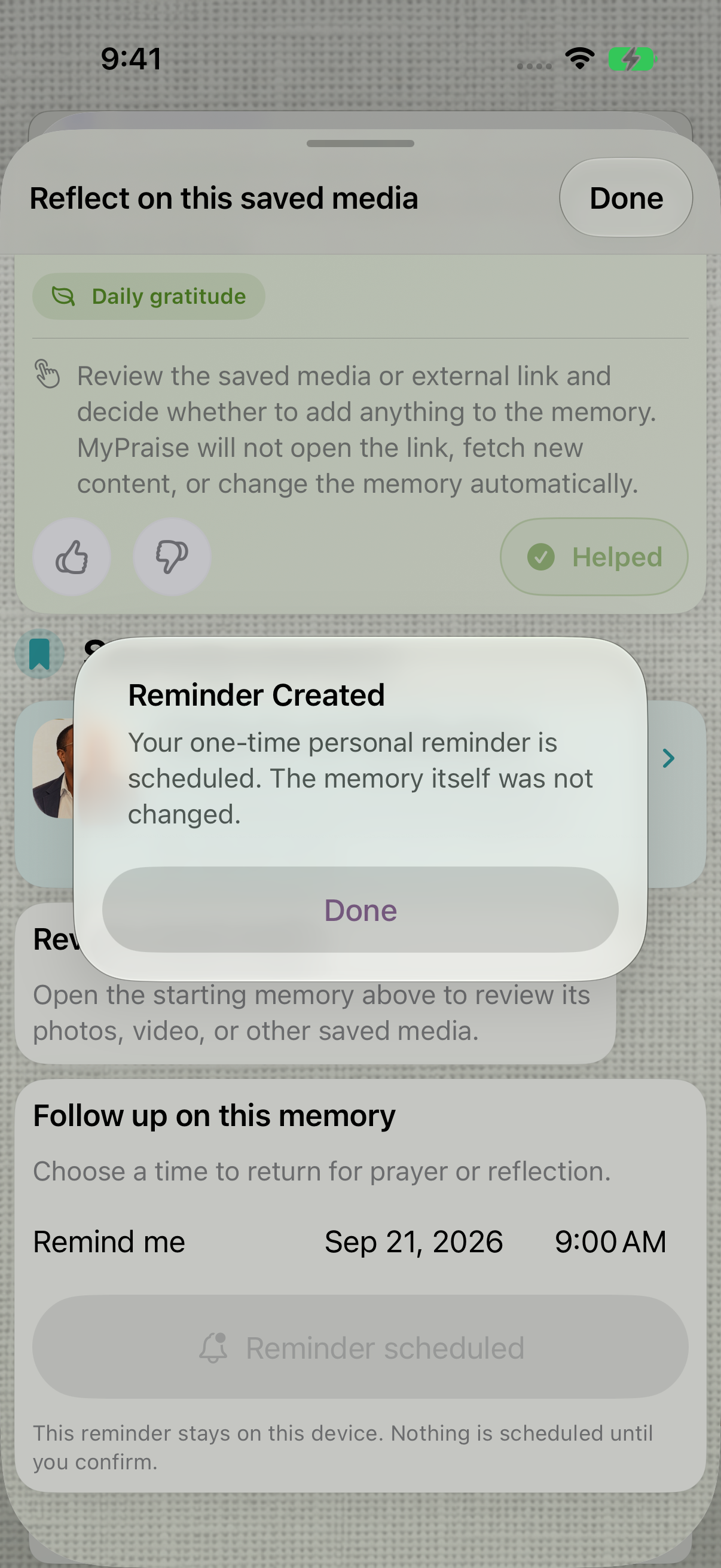 MyPraise App displays Reminder Created and confirms that the one-time personal reminder is scheduled without changing the memory.