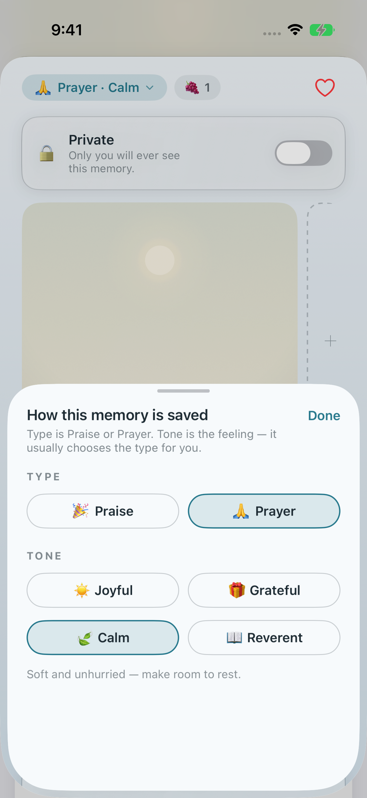 How this memory is saved sheet with Calm tone and Prayer type selected.