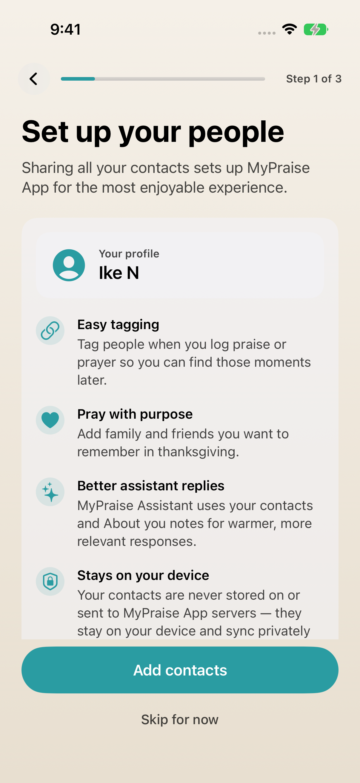 Light welcome screen shows Set up your people, existing profile Ike N, Add contacts and Skip for now.