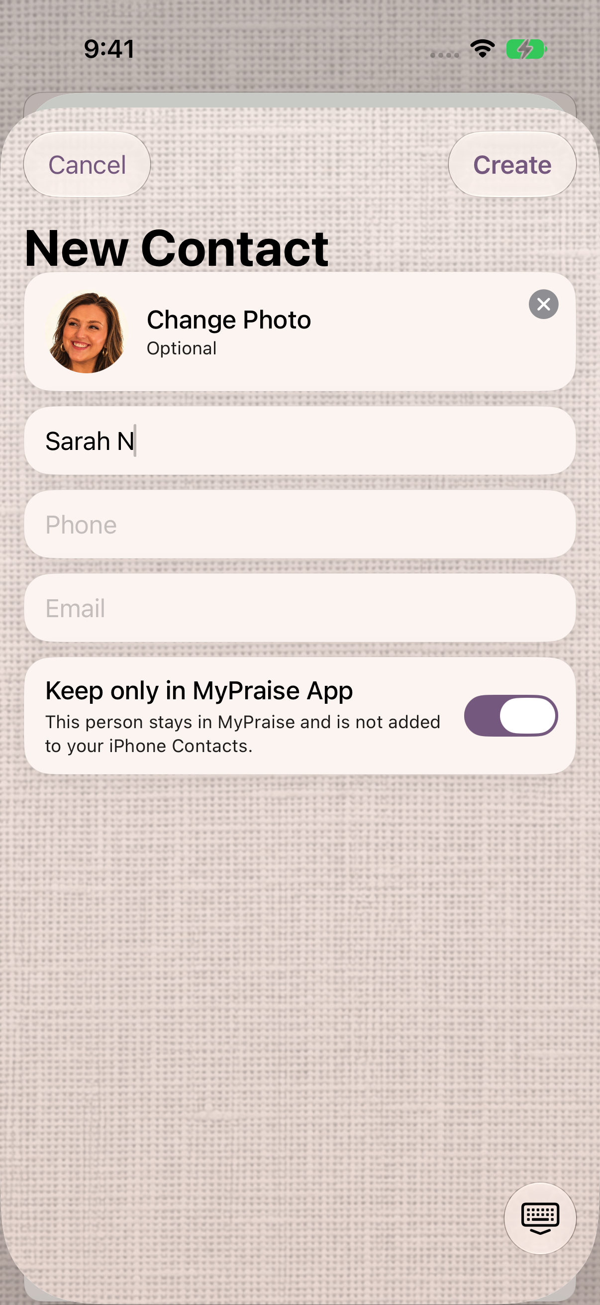 New Contact shows Sarah N with her portrait and Keep only in MyPraise App enabled.
