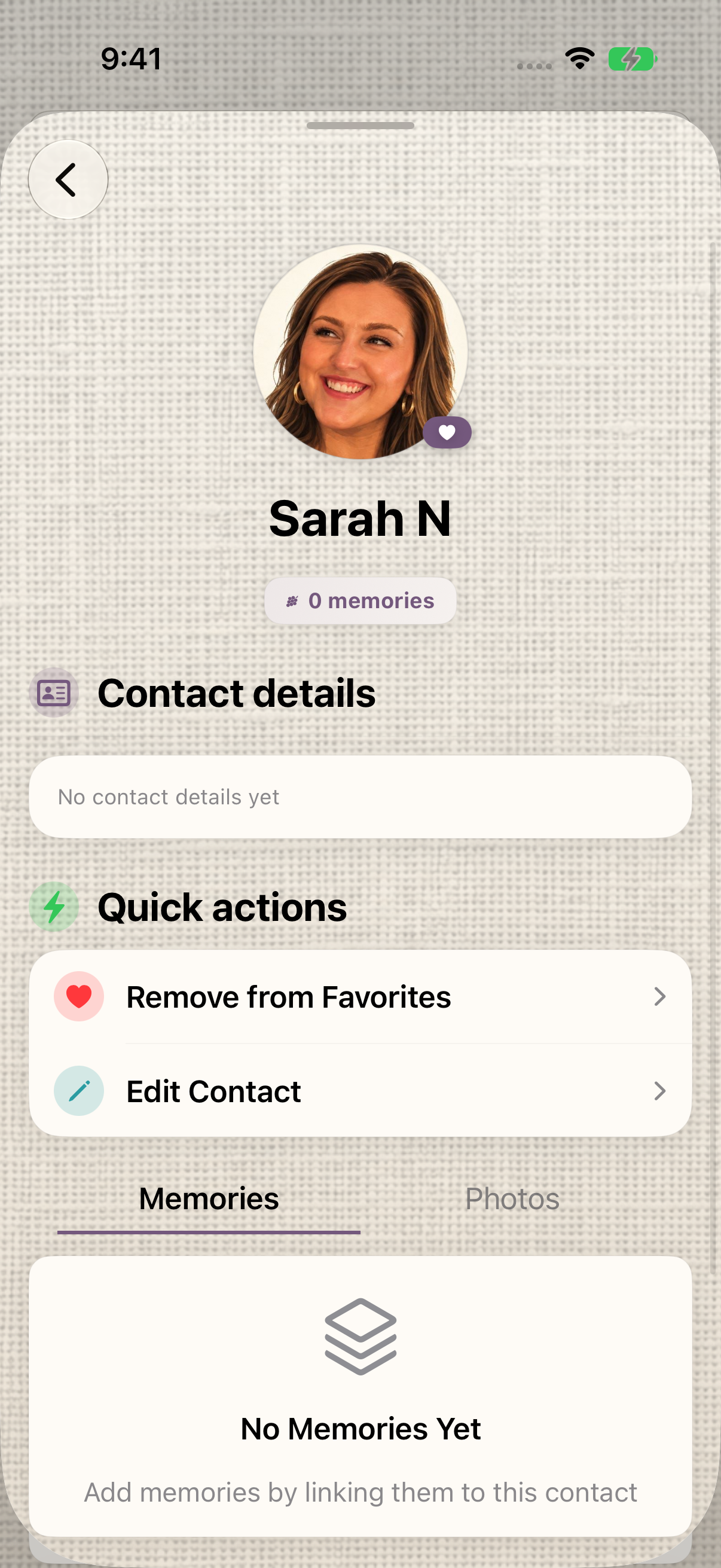 Sarah N contact detail shows her portrait, a heart badge, and Remove from Favorites.