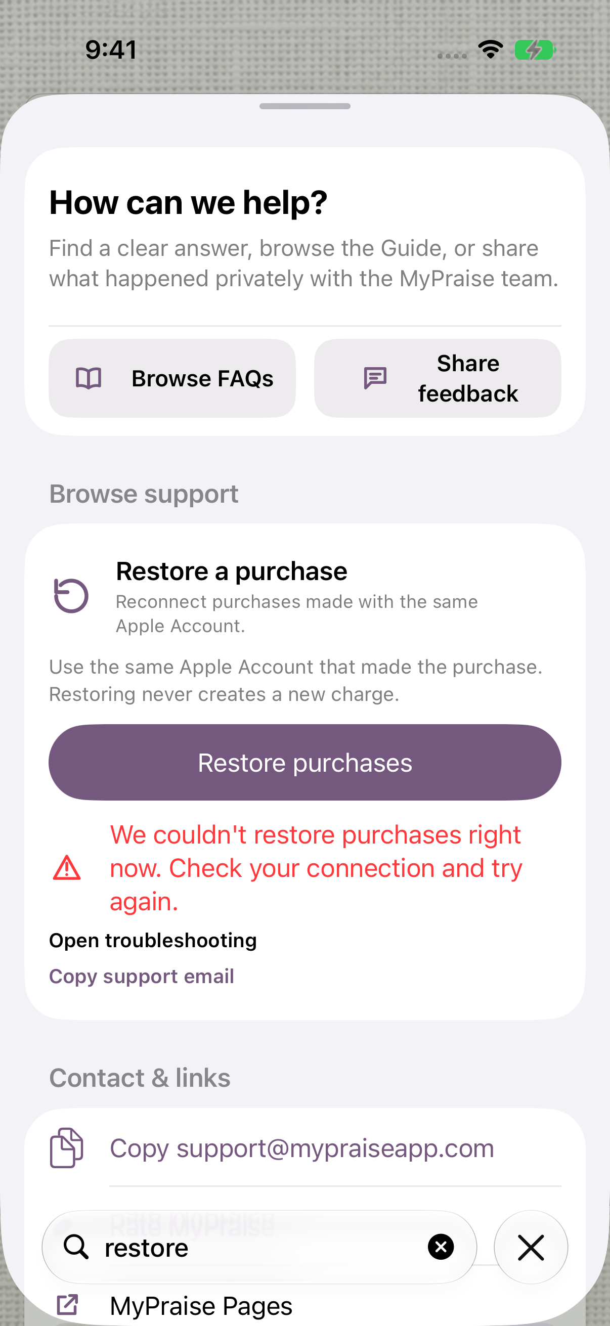 Restore purchases remains available after cancelled Apple sign-in. An error message offers troubleshooting and the support email.