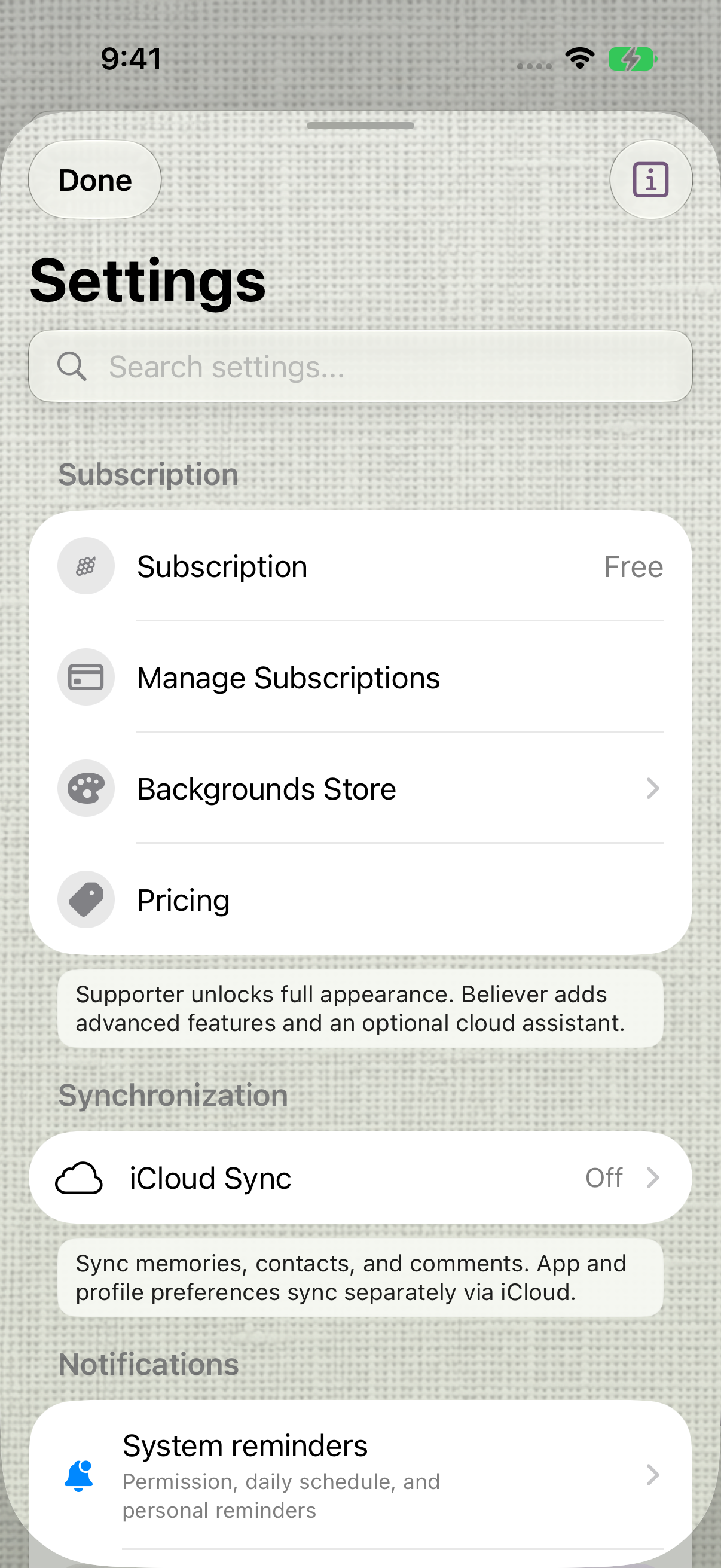MyPraise App Settings in Light mode, with Subscription showing Free and separate Manage Subscriptions and Pricing options.