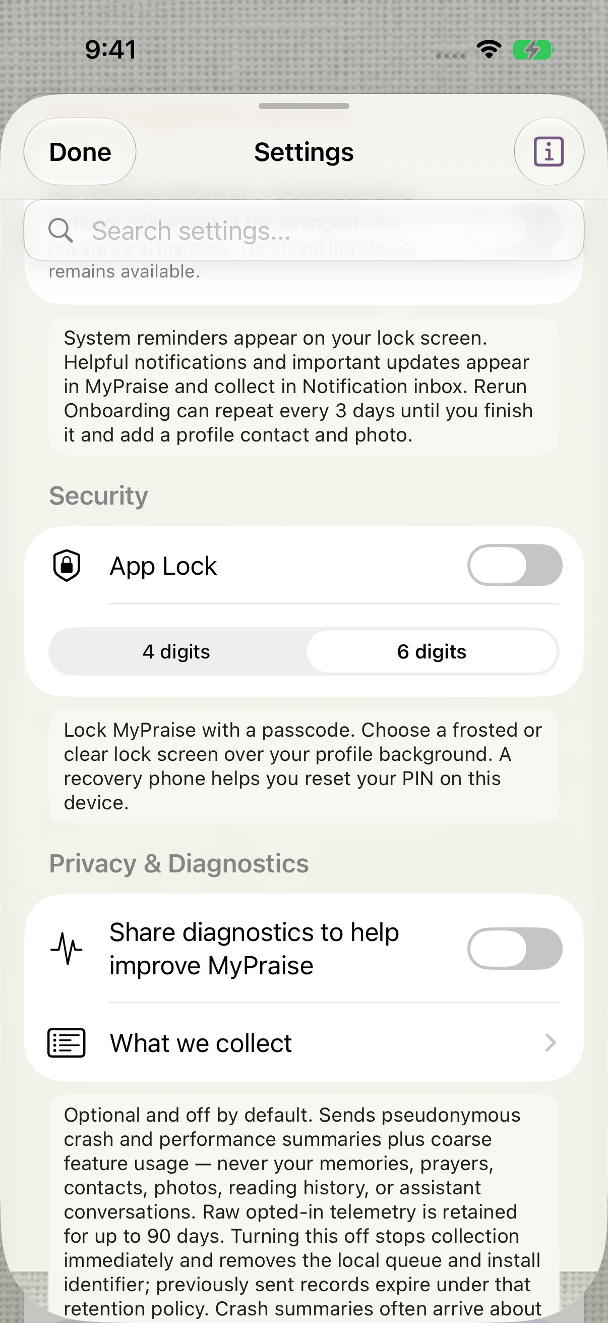 Settings shows App Lock off with 4-digit and 6-digit choices, plus optional diagnostics off and What we collect.