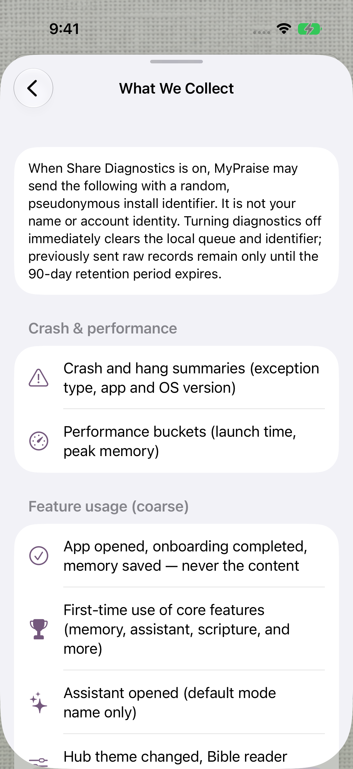 What We Collect describes the pseudonymous identifier, crash and performance summaries, and coarse feature usage.