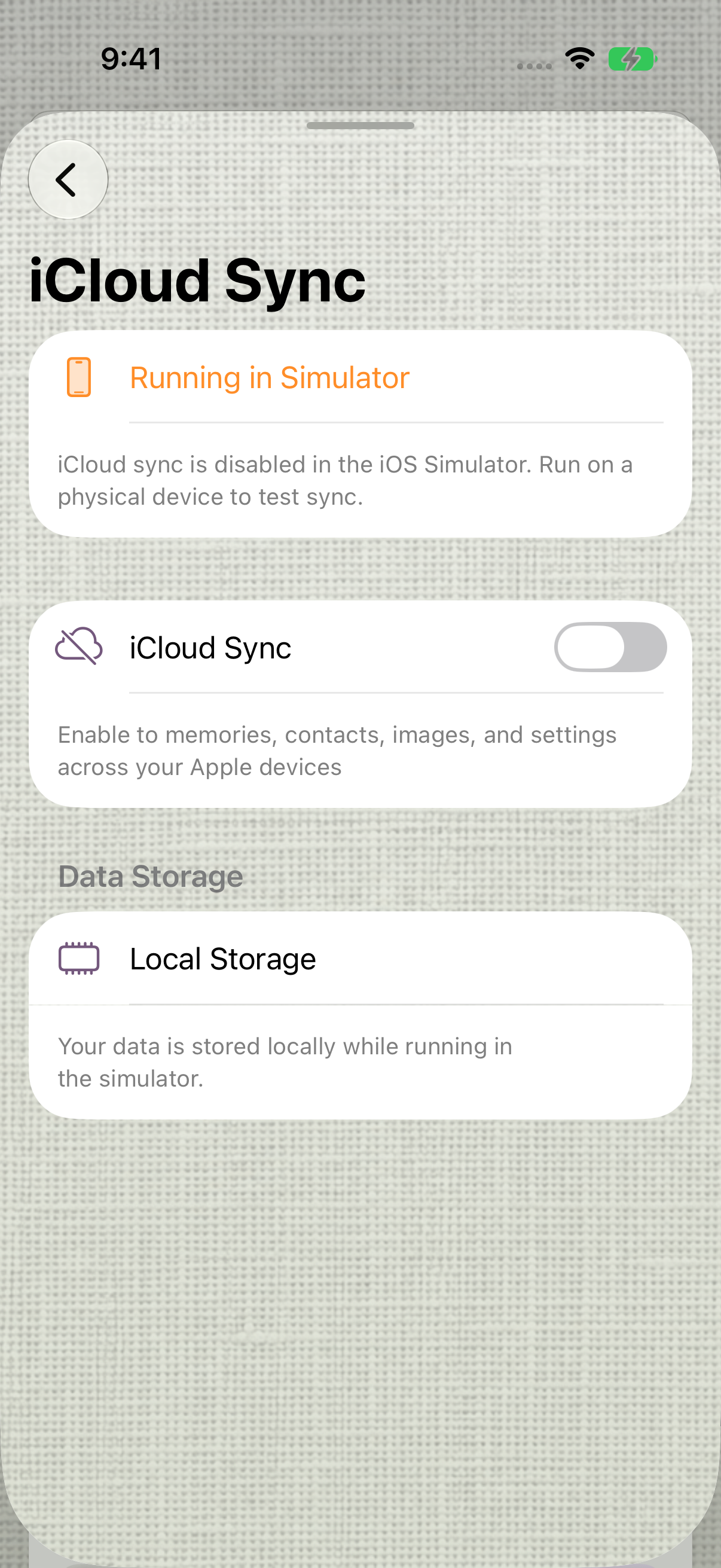 iCloud Sync screen states Running in Simulator, sync disabled, and data stored locally.