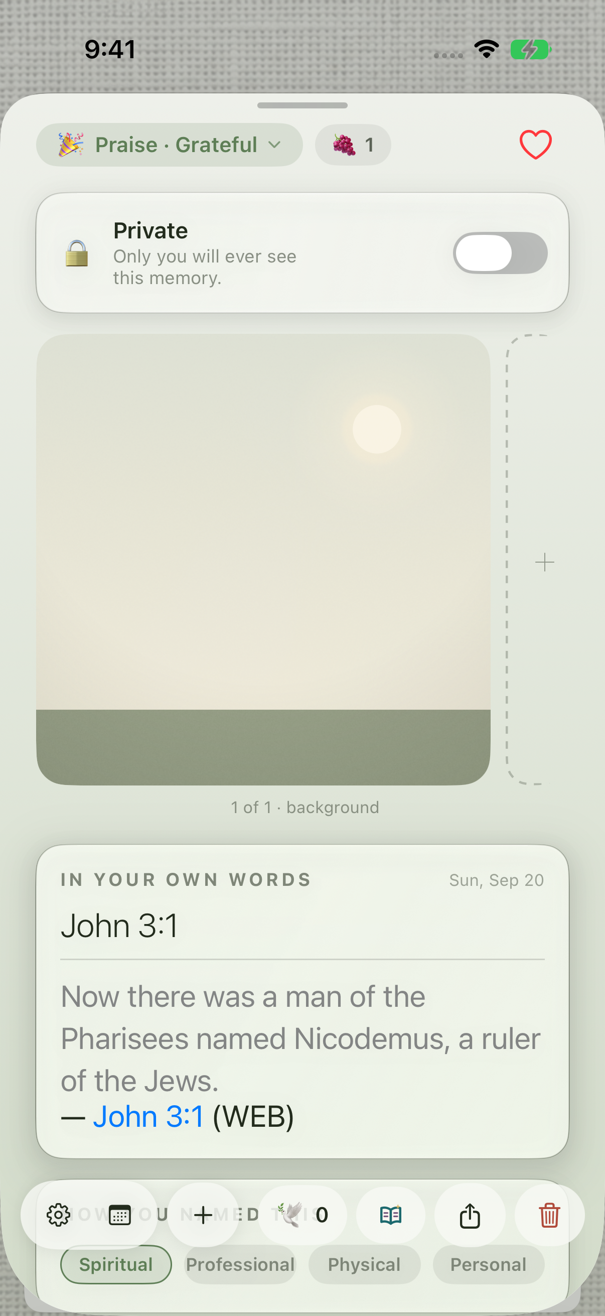 Saved John 3:1 memory showing its reference, verse text and WEB translation
