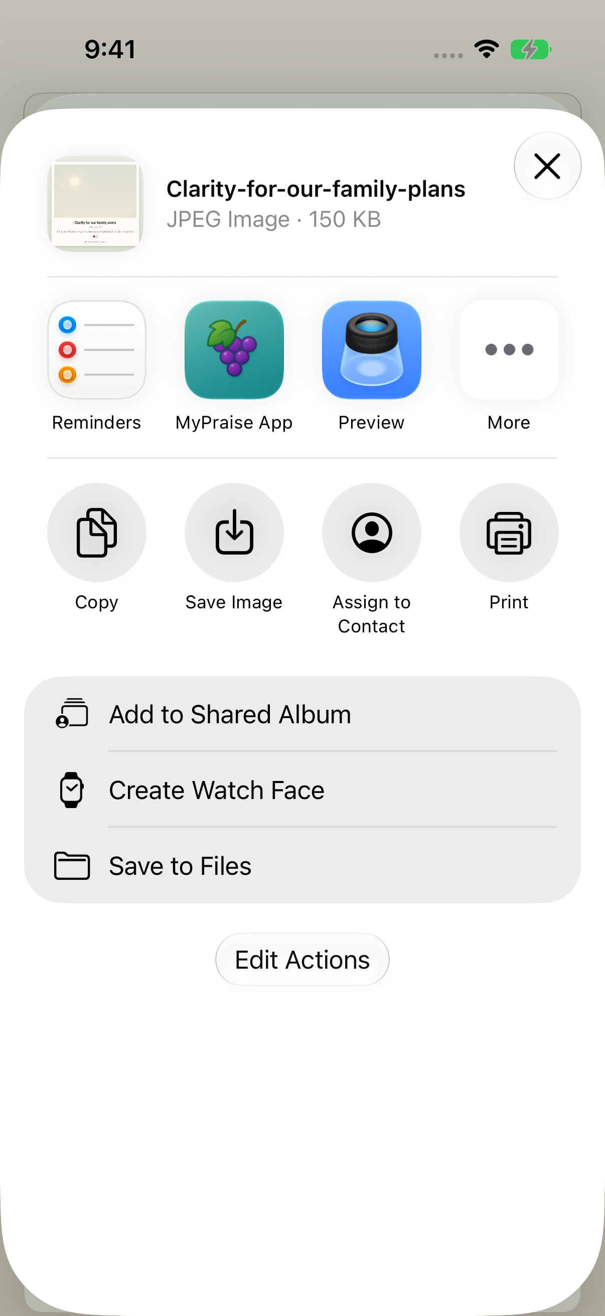iOS sharing options for the sample Clarity for our family plans memory card