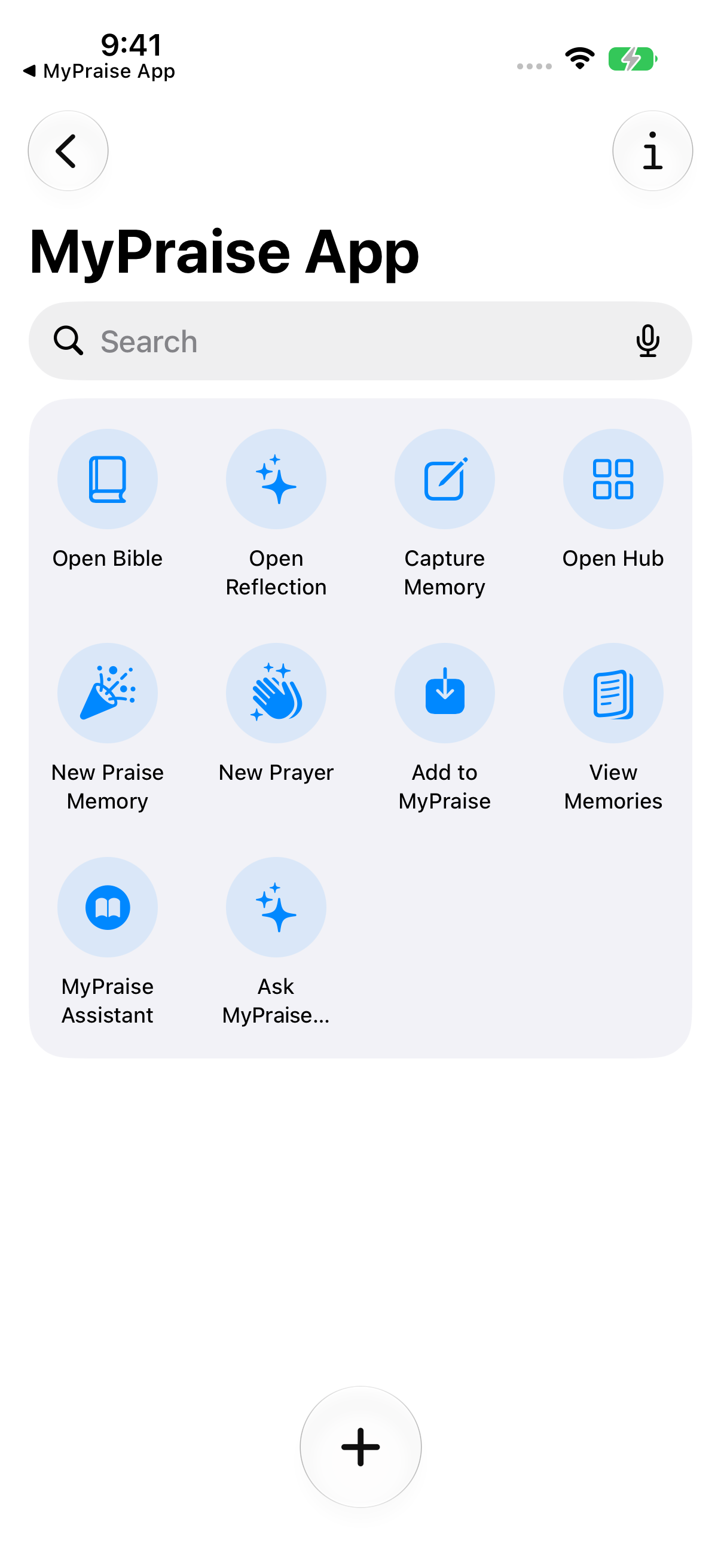 MyPraise App app actions in Apple Shortcuts, including Open Bible at the top left.