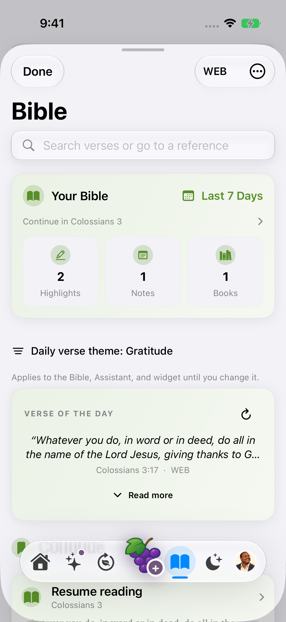 Bible hub in light appearance with Colossians 3:17 and the sample reading history.