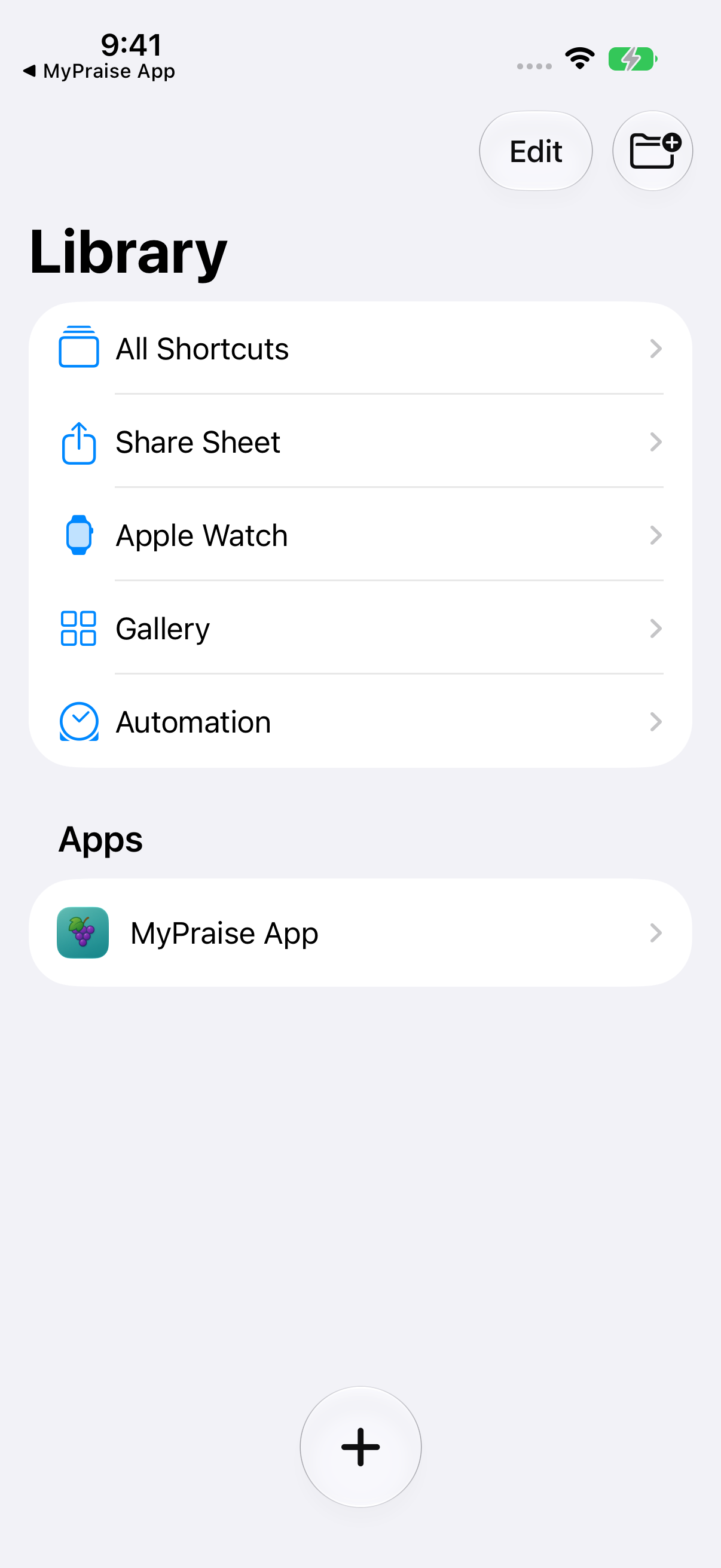 Apple Shortcuts Library with MyPraise App listed under Apps.